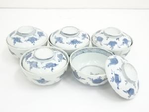 ANTIQUE JAPANESE IMARI / EDO ERA LIDDED TEA BOWL SET OF 5  / BLUE & WHITE PORCELAIN